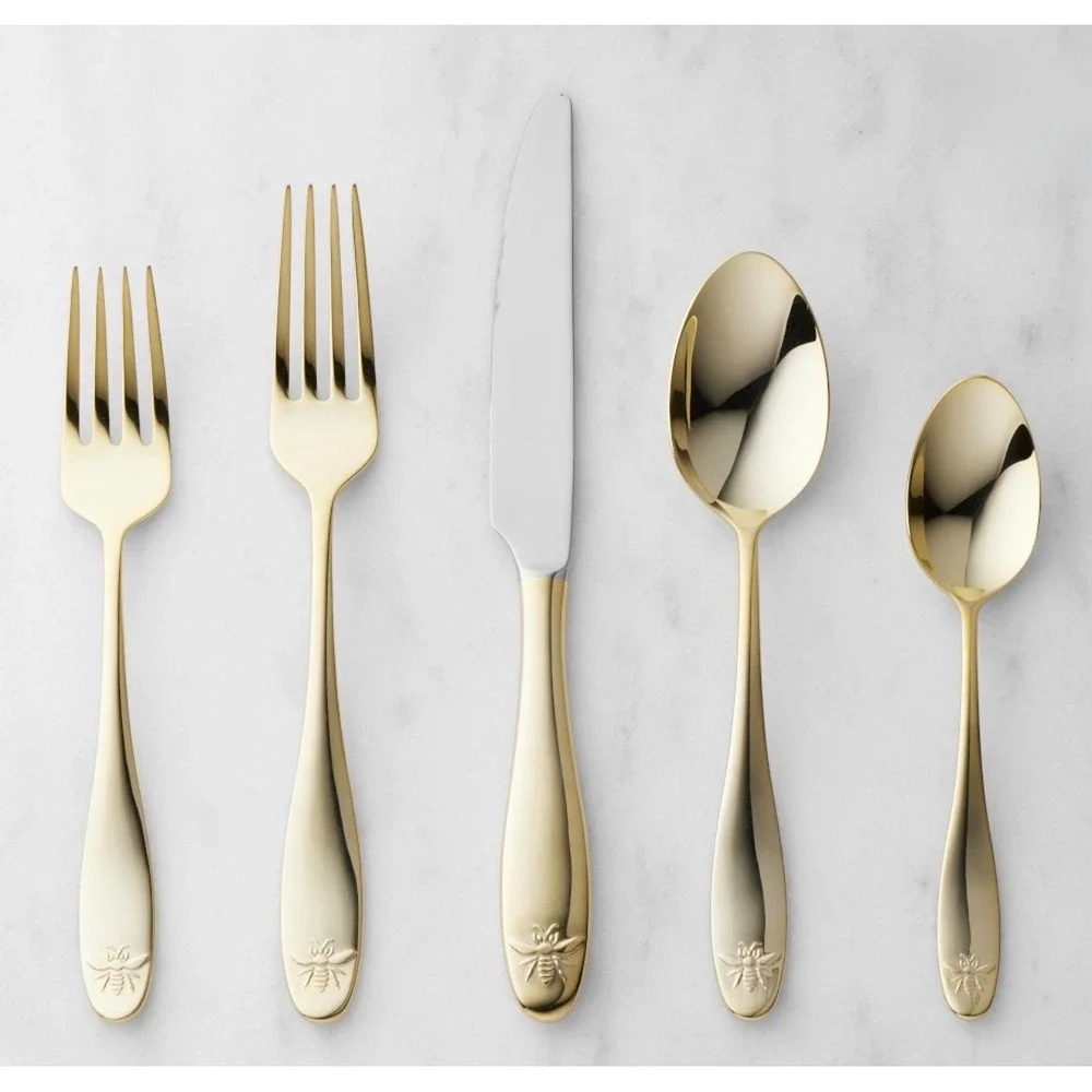 Williams Sonoma 5 pc Bee 18/10 Stainless Steel Gold Flatware Set, Retail $79